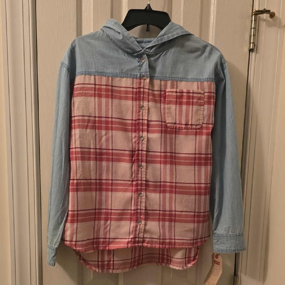 LEVI'S SIGNATURE GIRLS PINK PLAID FLANNEL & BLUE HOODED FRONT BUTTON TOP SIZE XL
